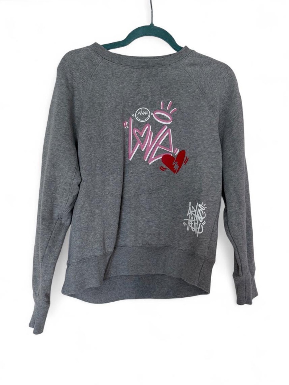 Zadig & Voltaire Gray Crewneck Sweatshirt with Pink Graphic & Red Heart